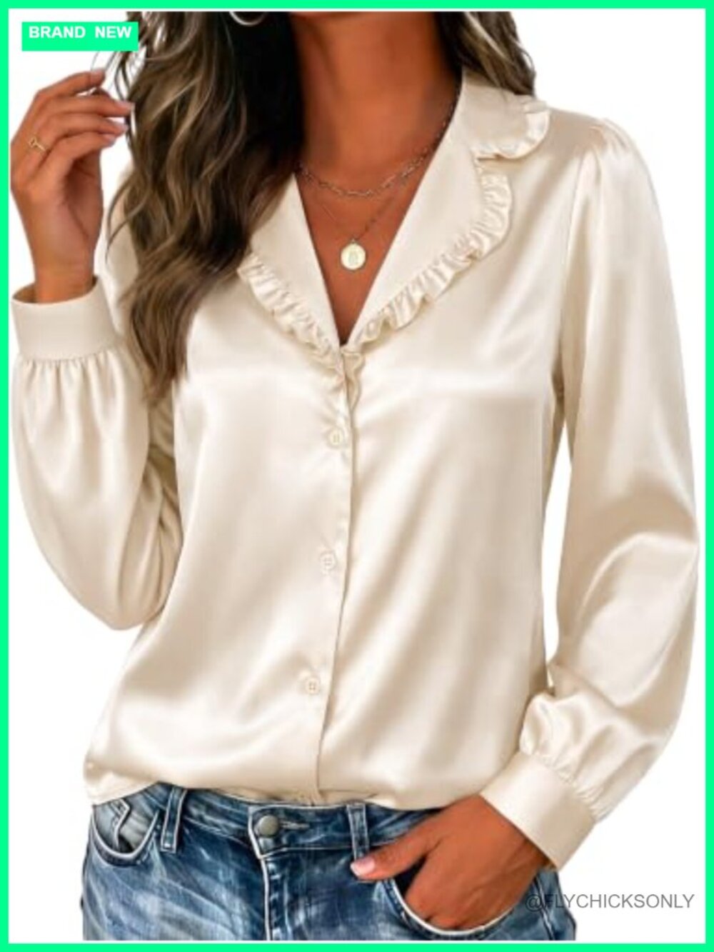 Satin Silky Button Down Shirt Ruffle V-Neck Long Sleeve Blouse